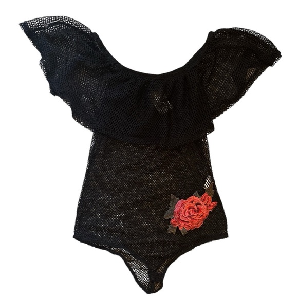 Love J ladies black mesh embroidered bodysuit - size large - NWT - Picture 2 of 5